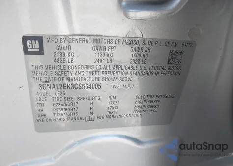 2012 Chevrolet Captiva Sport 2Ls from USA, damaged, VIN 3GNAL2EK3CS564005